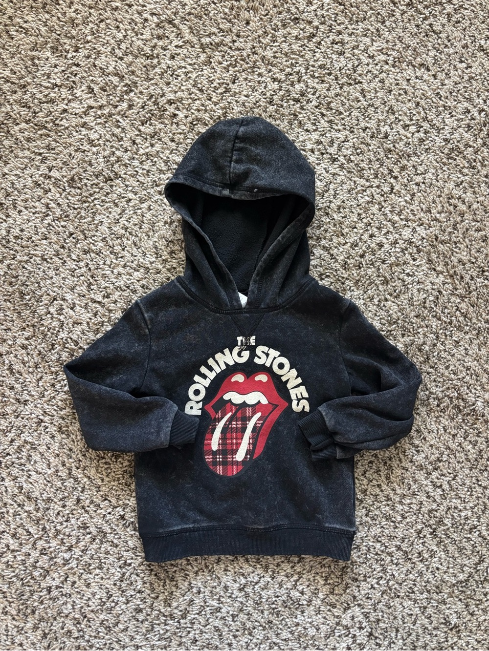 the Rolling Stones Black Kids Hooded Sweatshirt with Red Plaid Tongue Graphic